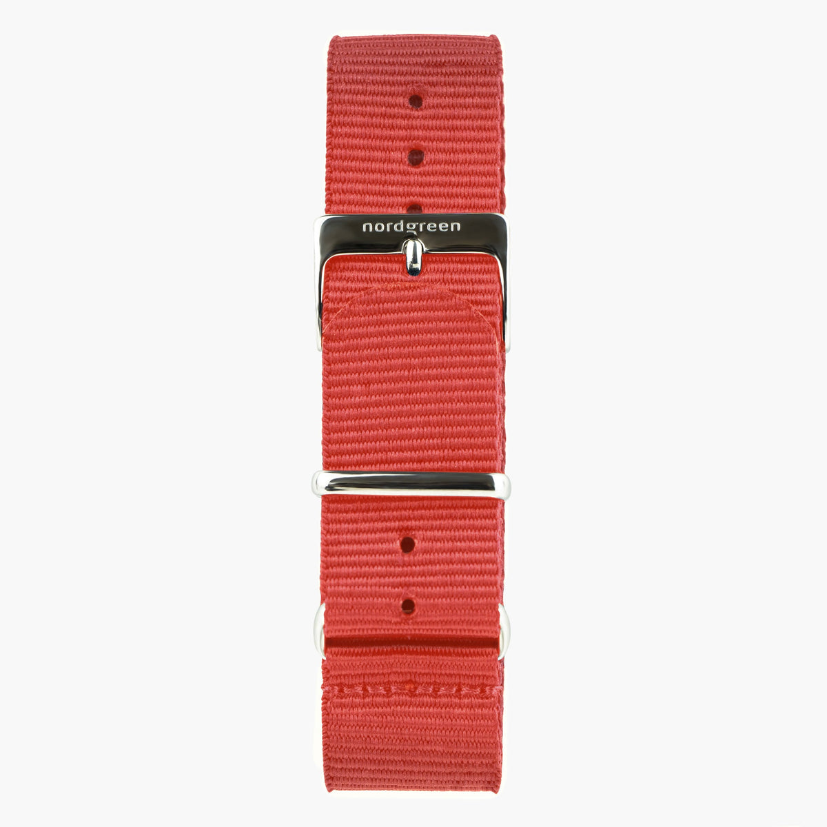 Red ribbed nylon strap with a polished silver-tone buckle and keeper rings.