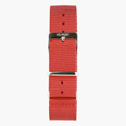 The bright red fabric strap shown flat, with silver-tone metal keepers.