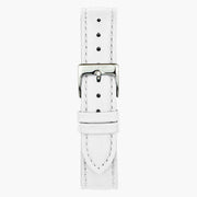 White strap with tonal stitching and a silver-tone pin buckle.