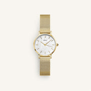Gold-tone mesh strap watch with iridescent dial, front view