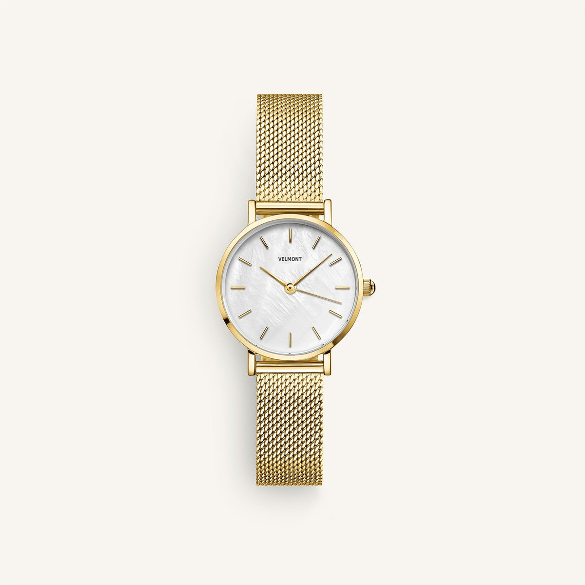 Gold-tone mesh strap watch with iridescent dial, front view