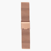 Close look at the rose gold-tone mesh strap and its matching rose gold-tone fold-over clasp.