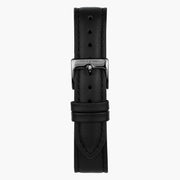 Black strap with a dark gunmetal pin buckle and two matching keepers.