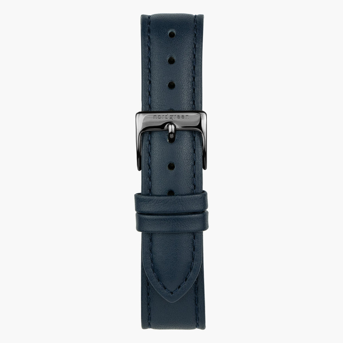 Navy smooth strap fitted with a dark gunmetal buckle and two keepers.