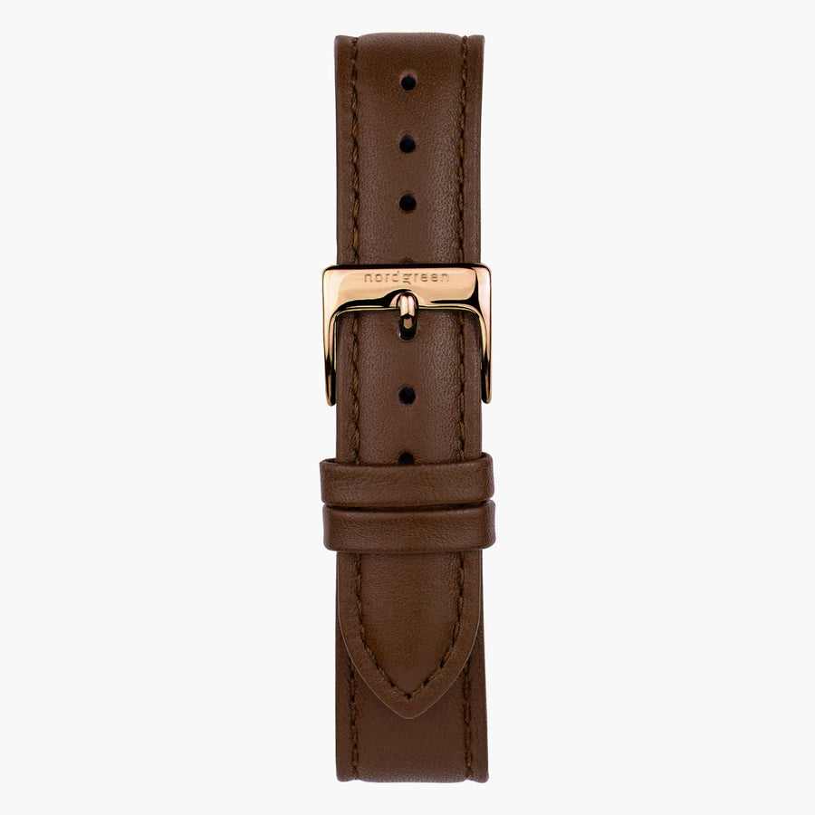 Dark brown strap with tonal stitching and a rose gold-tone pin buckle.