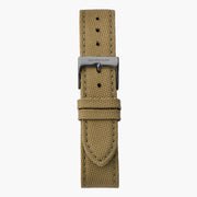Khaki woven two-piece strap with stitching and a dark buckle, laid flat.