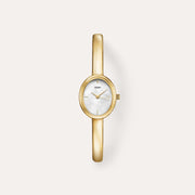 Gold-tone bangle watch with oval case, front view