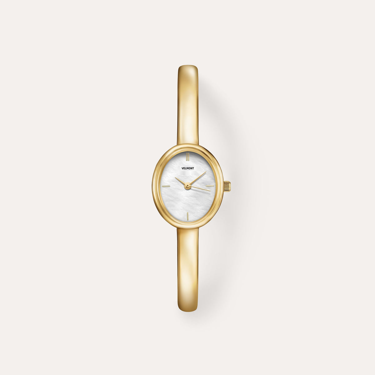 Gold-tone bangle watch with oval case, front view