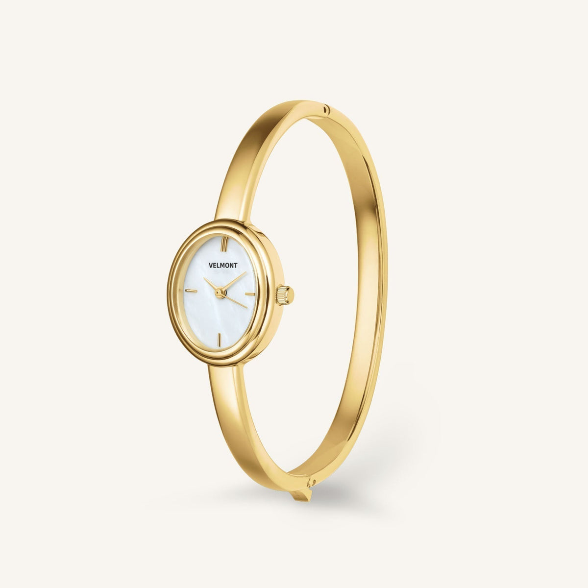 Bangle watch standing upright, side view
