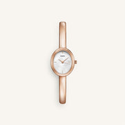 Rose gold-tone bangle watch with oval case, front view