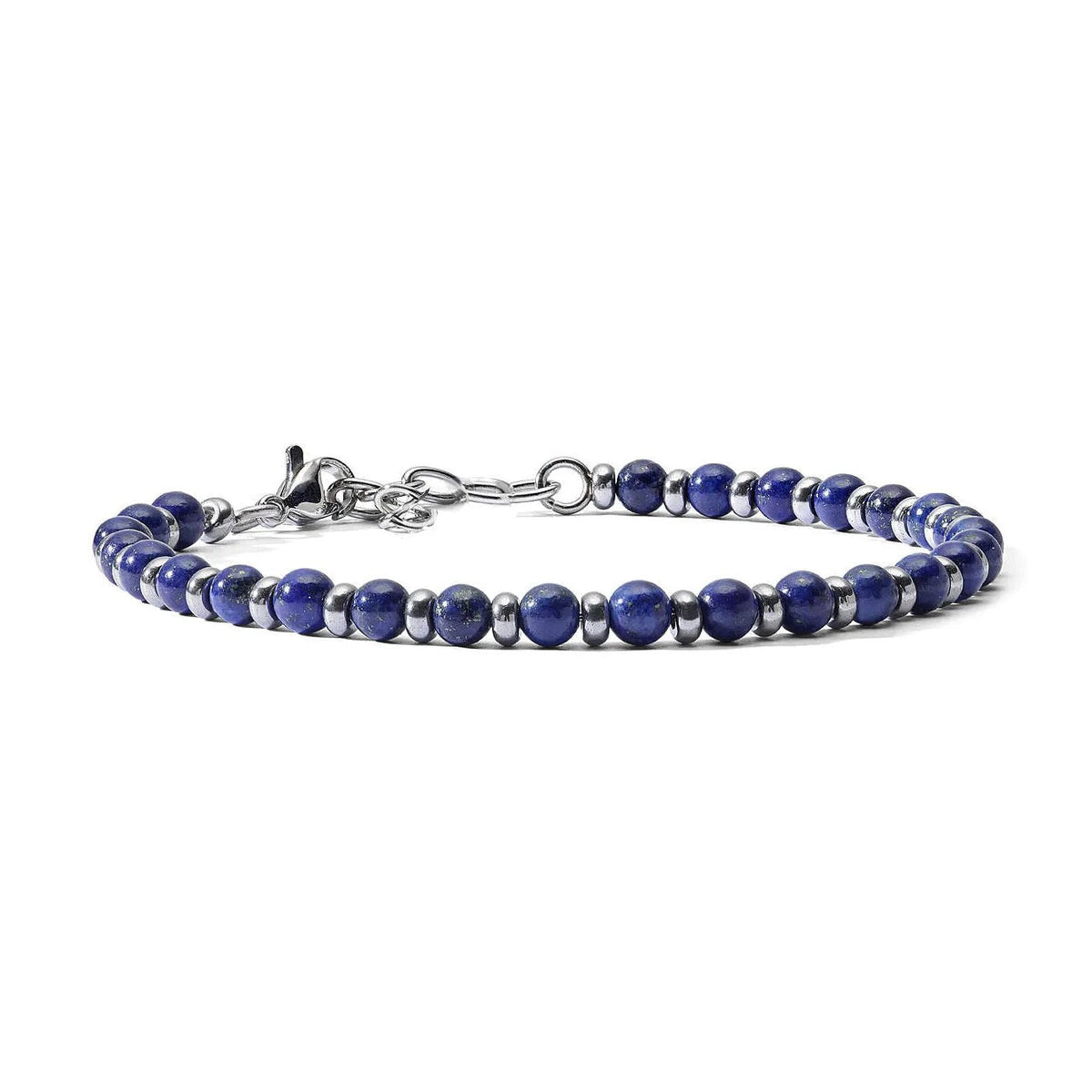 Blue bead and steel spacer bracelet with lobster clasp
