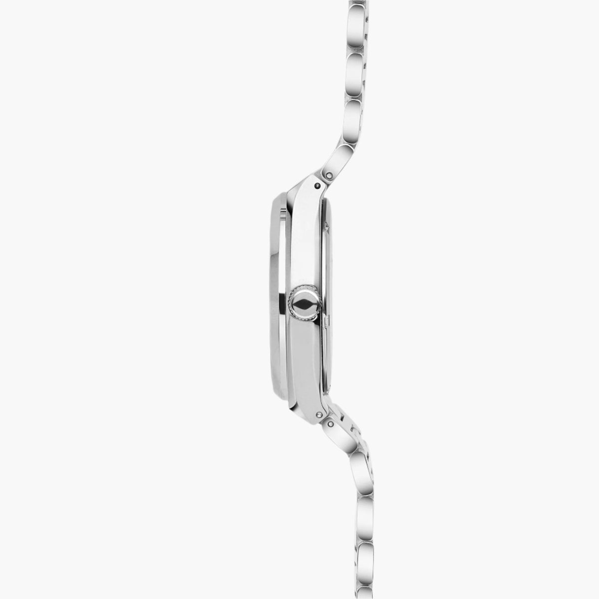 Side profile of the case and link bracelet in silver tone.