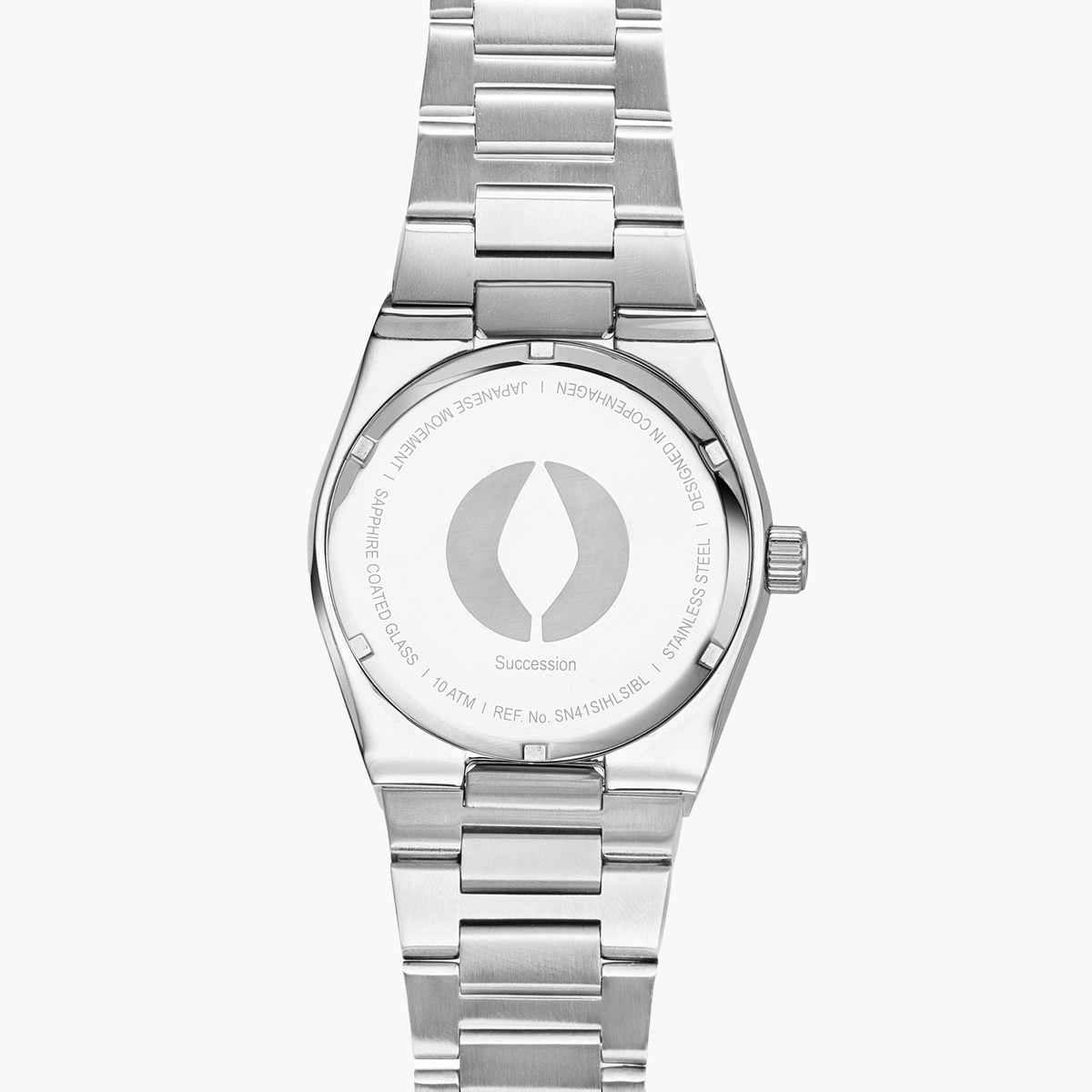 Silver-tone case back with an engraved emblem and bracelet extended.