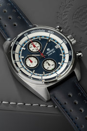 Blue chronograph on blue strap at an angle