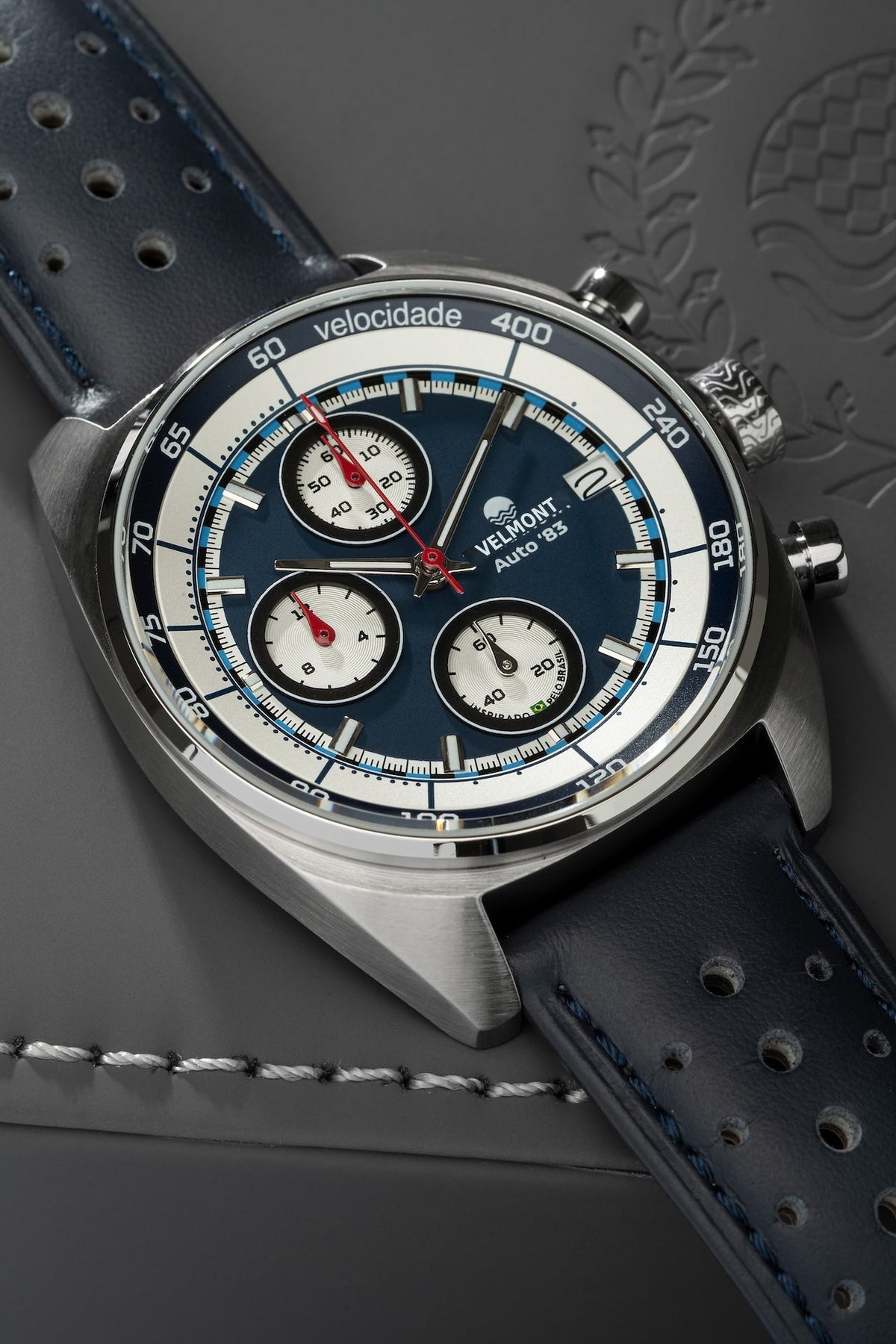 Blue chronograph on blue strap at an angle