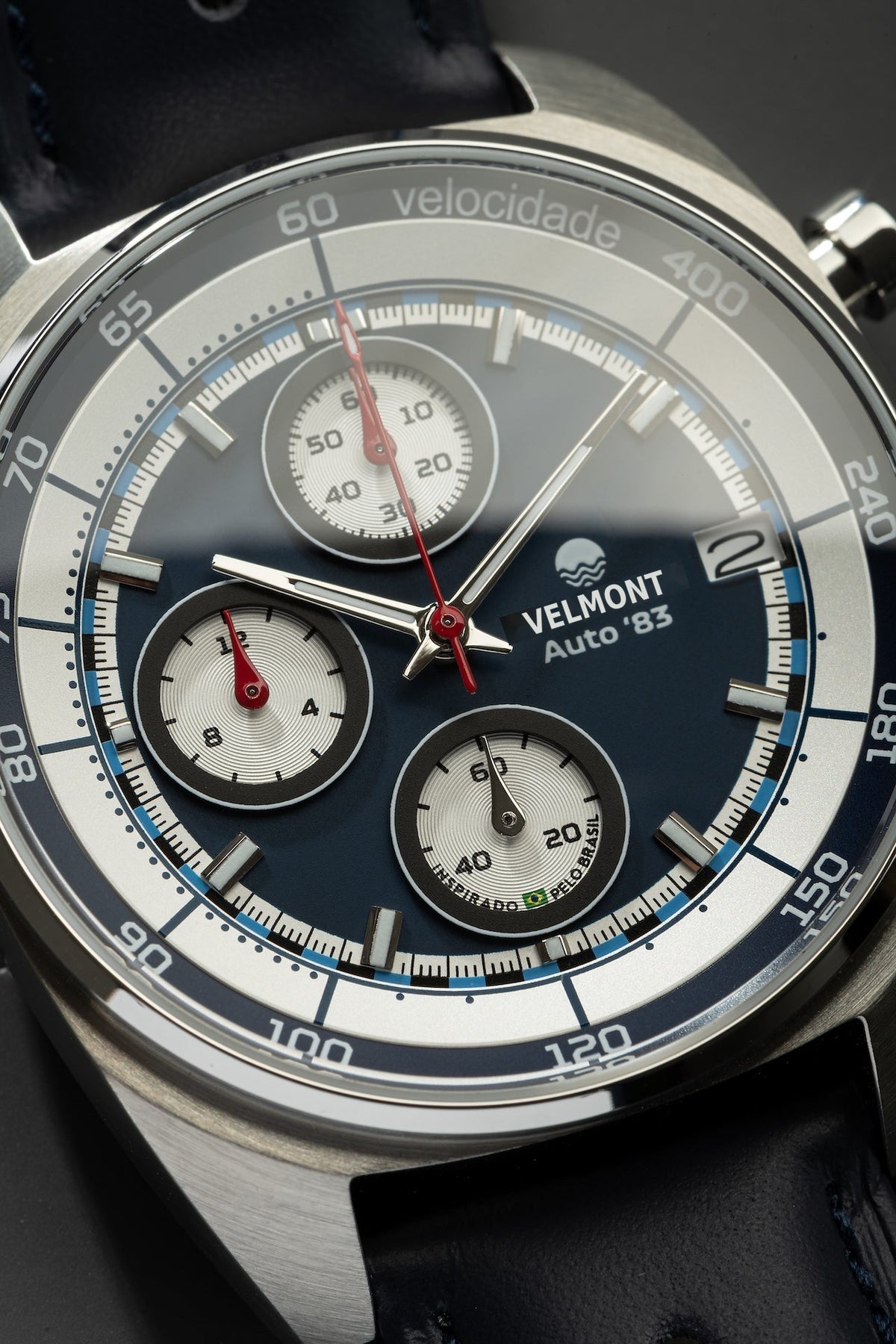 Close-up of the blue dial and white sub-dials