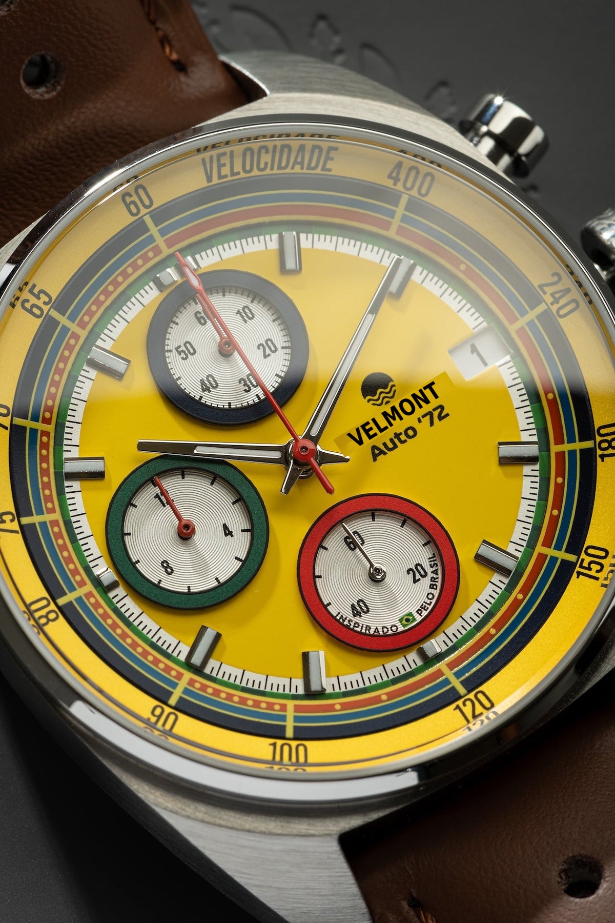 Close-up of the yellow dial and sub-dials