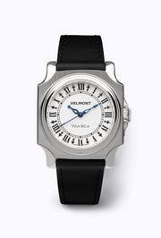 Cushion-case dress watch with Roman numerals on a black strap