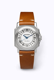 Small cushion-case watch on a caramel strap