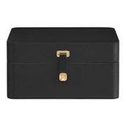 Closed ink black jewelry box with gold-tone clasp
