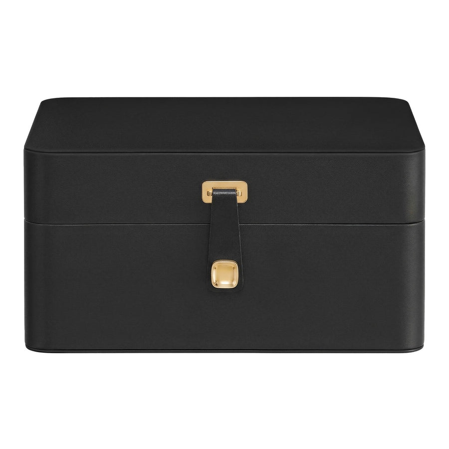 Closed ink black jewelry box with gold-tone clasp