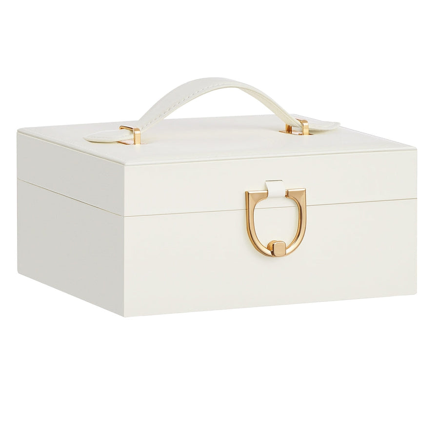 Closed cream jewelry organizer with carry handle and gold-tone D-ring clasp