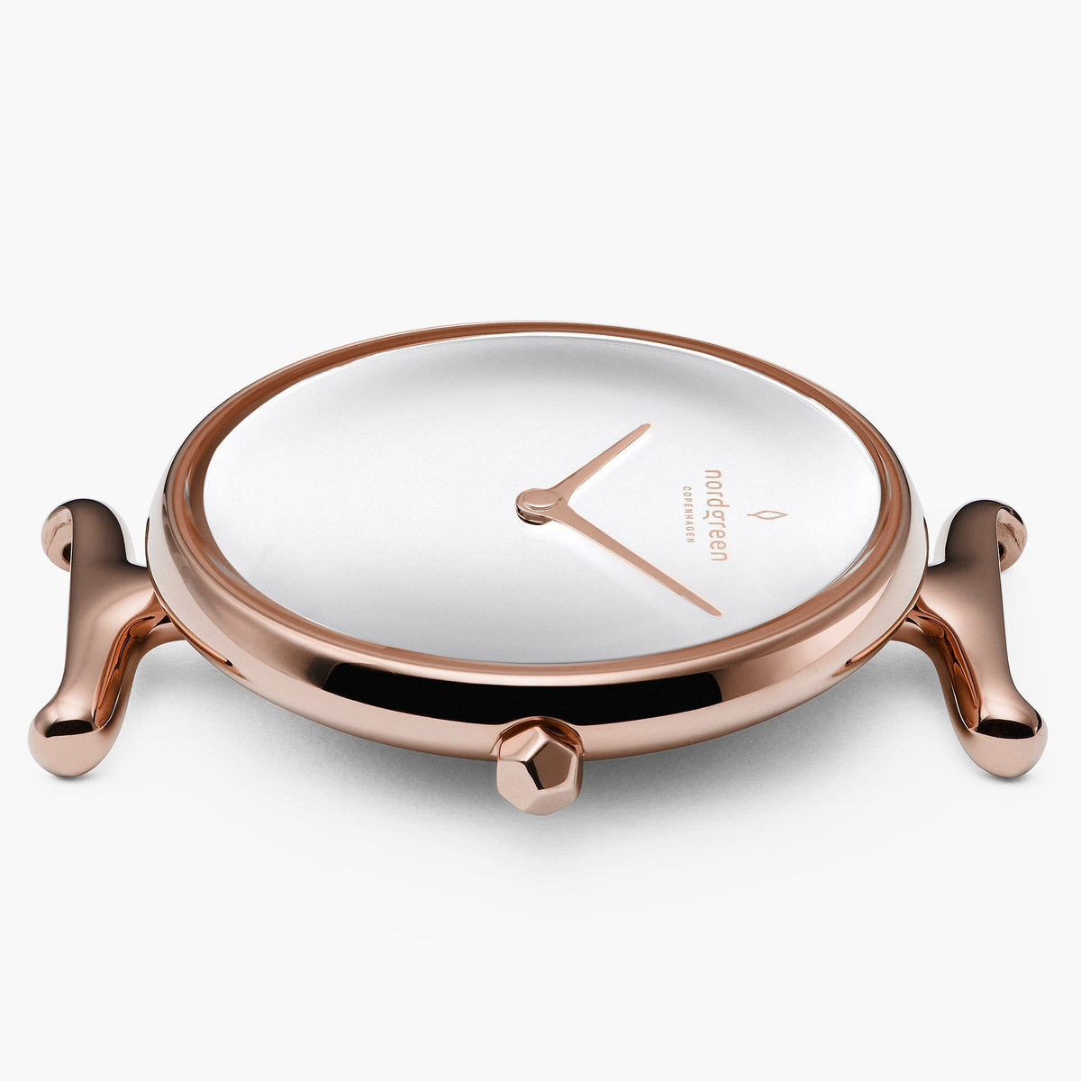 Rose gold-tone case without a strap, showing the curved T-shaped lugs.