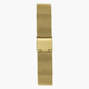 Gold-tone woven mesh strap with a flat clasp plate, shown off the watch.