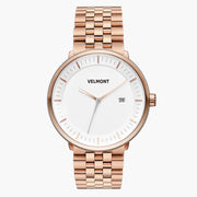 Straight-on look at the white dial and rose gold-tone case with its rose gold-tone link bracelet.