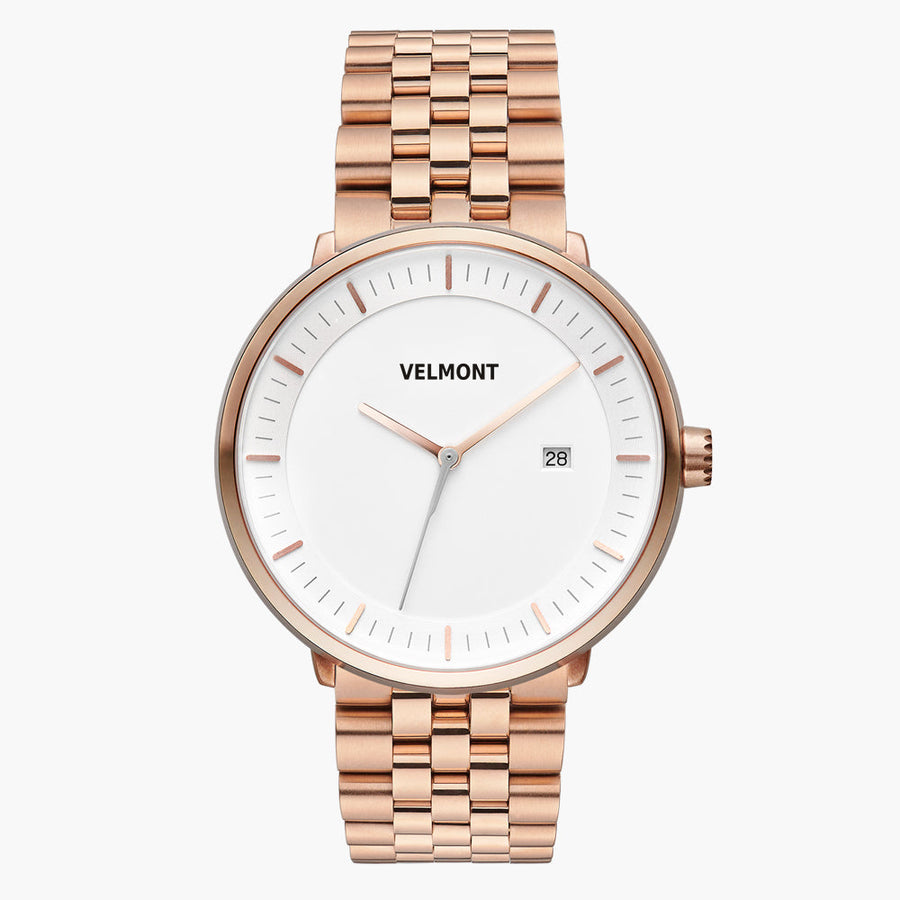 Straight-on look at the white dial and rose gold-tone case with its rose gold-tone link bracelet.