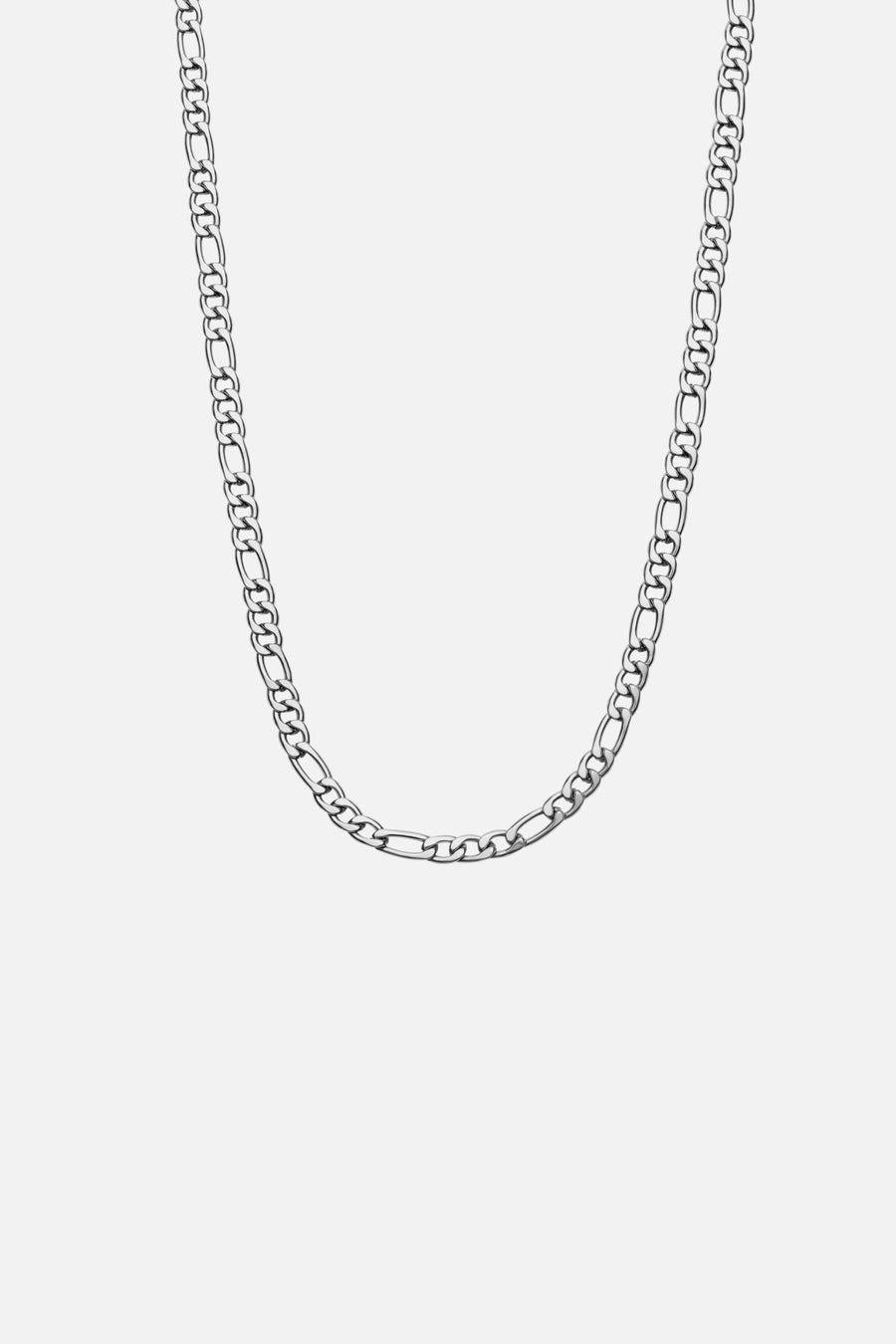 Silver-tone figaro chain necklace, front view on a light background