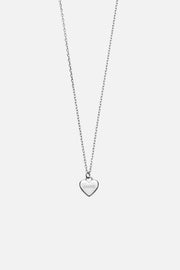Silver-tone heart pendant necklace, front view on a light background