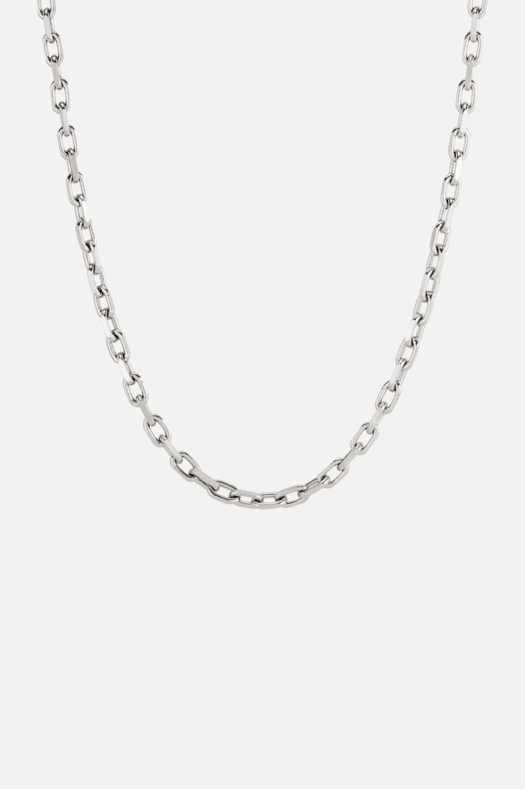 Silver-tone 3 mm anchor chain necklace, front view on a light background