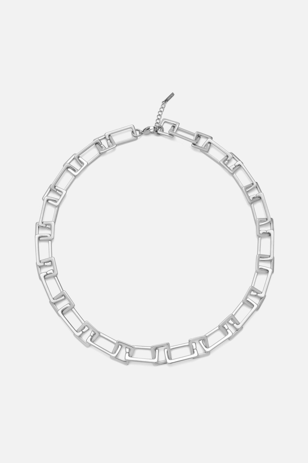 Silver-tone chunky rectangular link necklace, front view on a light background