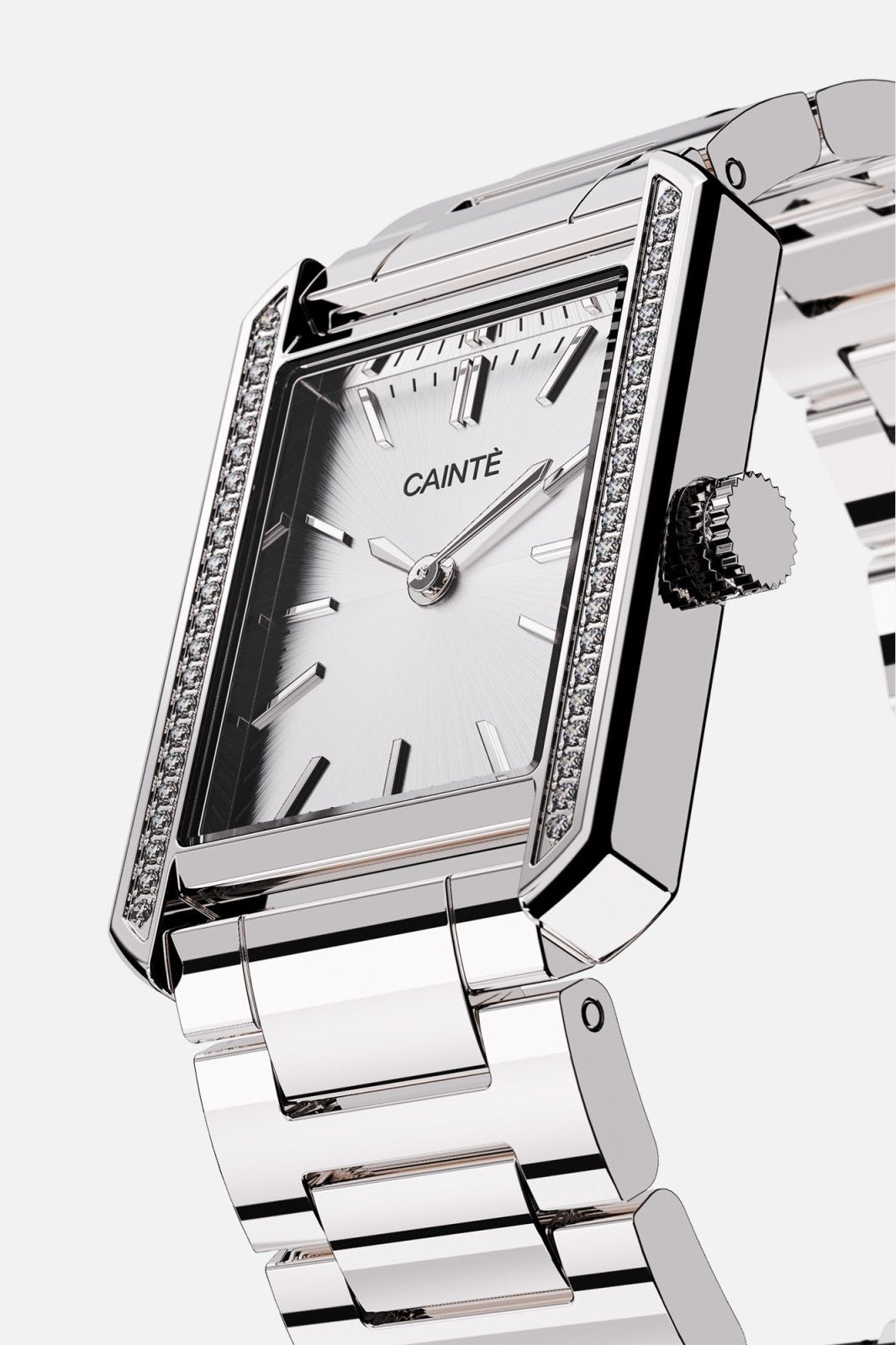 Angled view of the rectangular case with clear stones along the sides