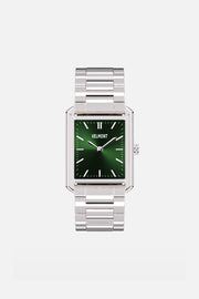 Front view of the rectangular watch with olive green dial on its link bracelet