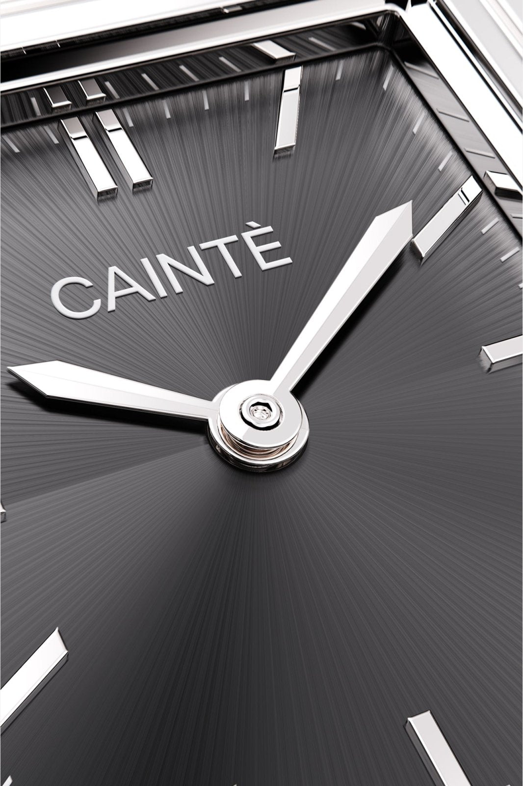 Close-up of the black sunburst dial and polished hands