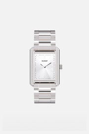 Front view of the rectangular watch with silver-white dial on its link bracelet
