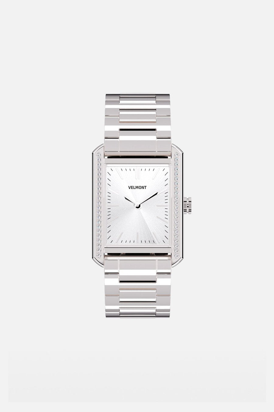 Front view of the rectangular watch with silver-white dial on its link bracelet