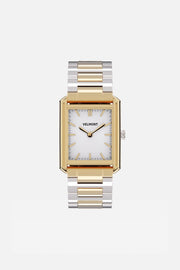 Front view of the rectangular watch with white dial on its link bracelet