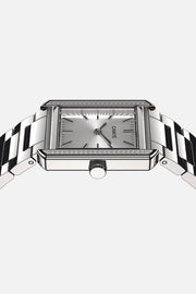 Low front view of the case with the bracelet opened out