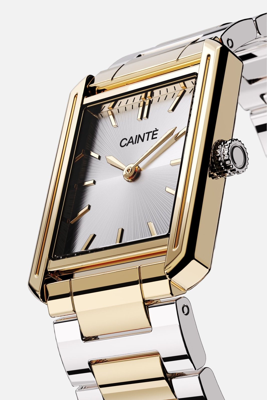 Angled view of the rectangular case and white sunburst dial
