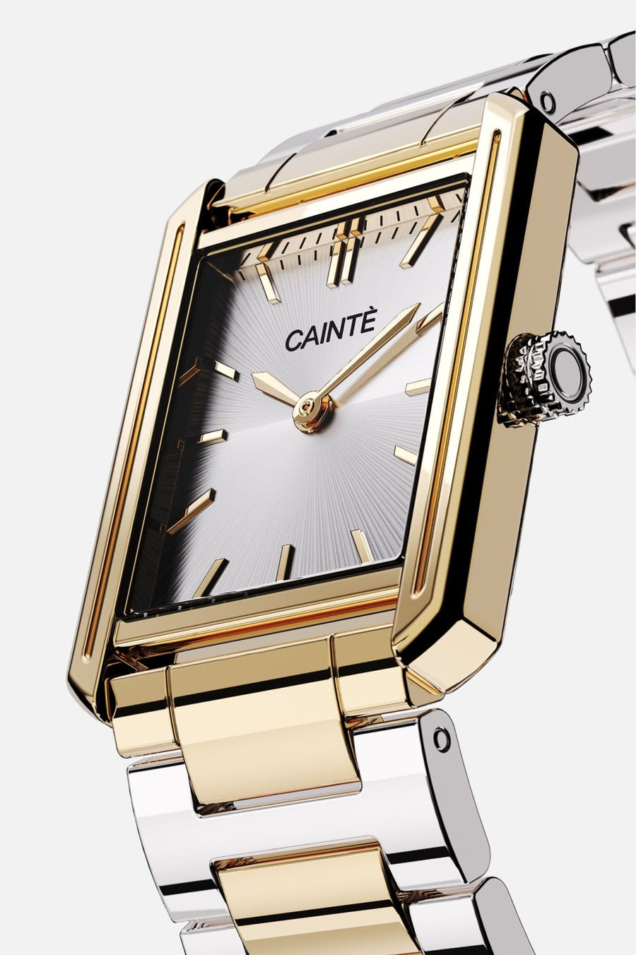 Angled view of the rectangular case and white sunburst dial