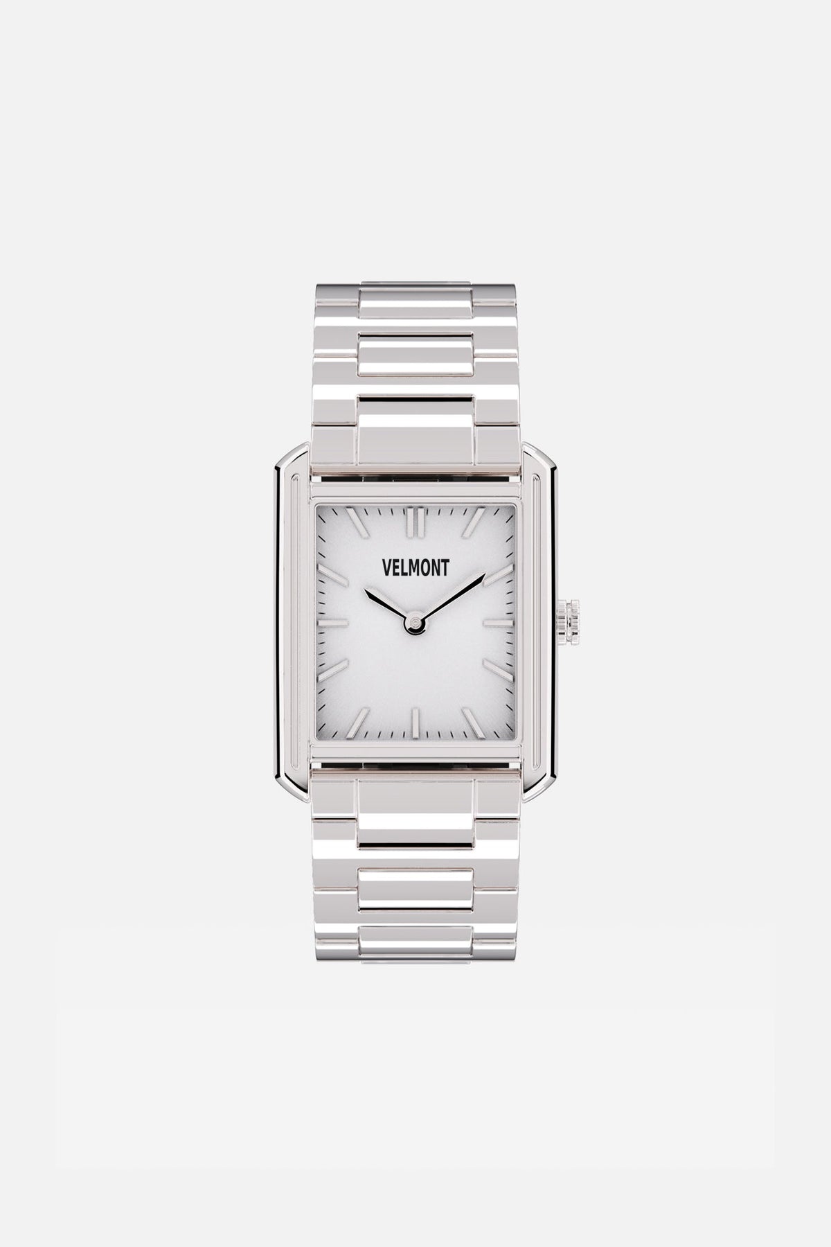 Front view of the rectangular watch with white dial on its link bracelet