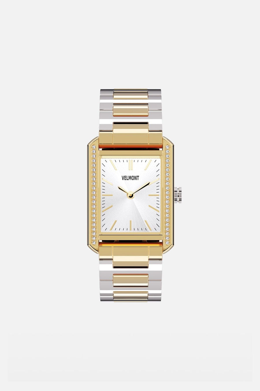 Front view of the gold-tone rectangular watch on a two-tone bracelet