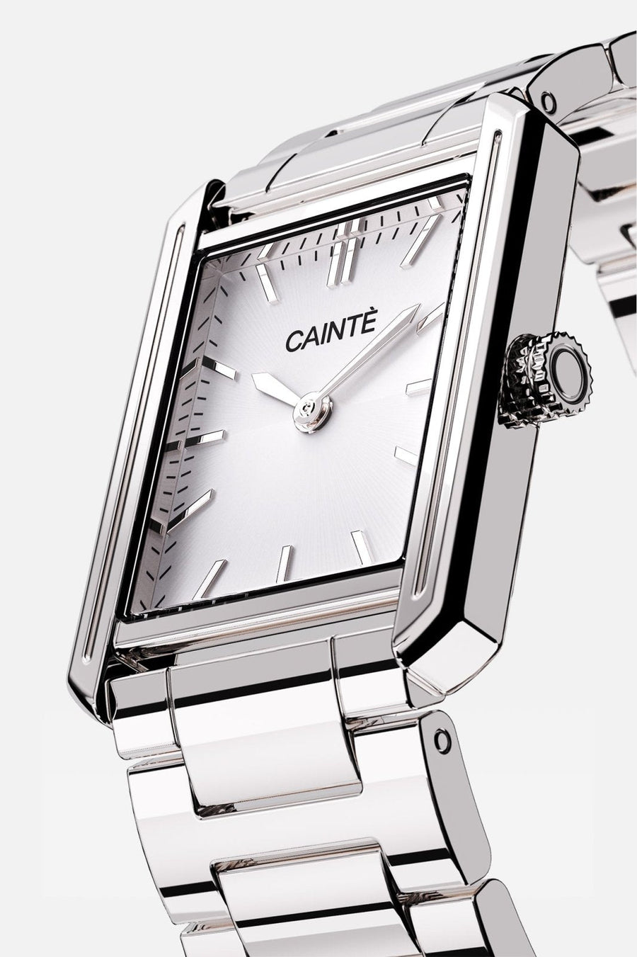 Angled view of the rectangular case and white sunburst dial