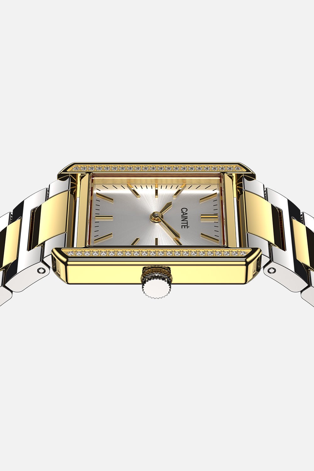 Low front view of the case with the bracelet opened out