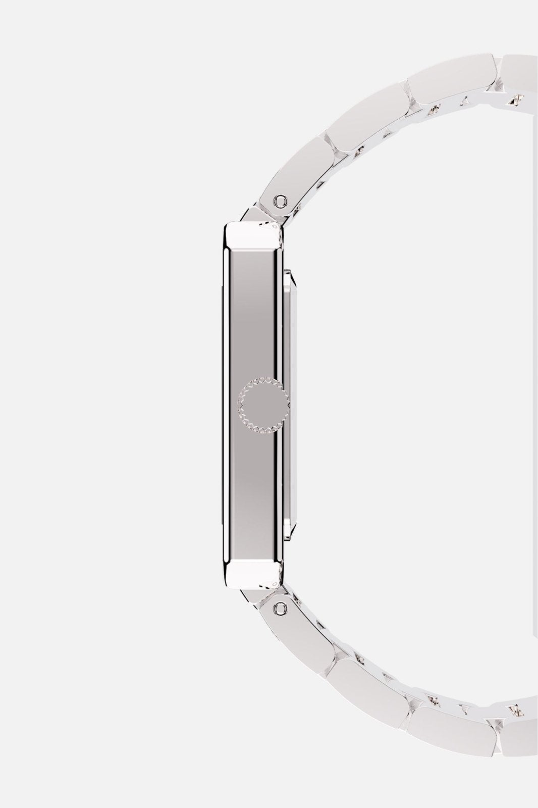 Side profile showing the slim case and fluted crown