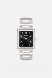 Front view of the rectangular watch with black dial on its link bracelet