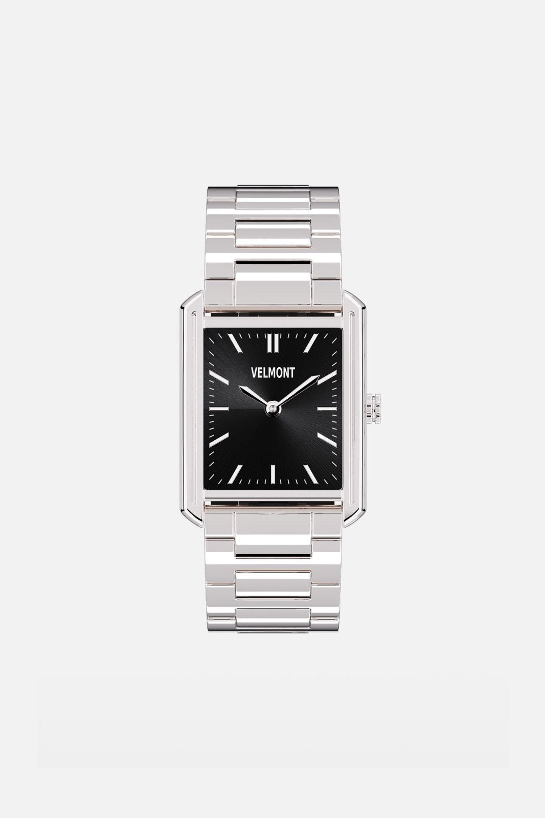 Front view of the rectangular watch with black dial on its link bracelet